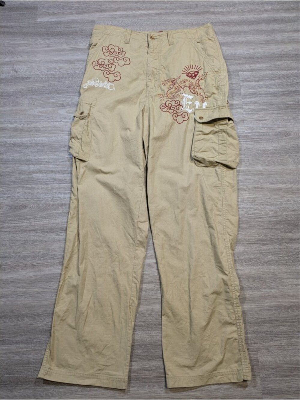 Ecko Unltd Pants Mens 34x32 Beige Cargo Baggy Wide Leg Dragon Embroidered Y2K